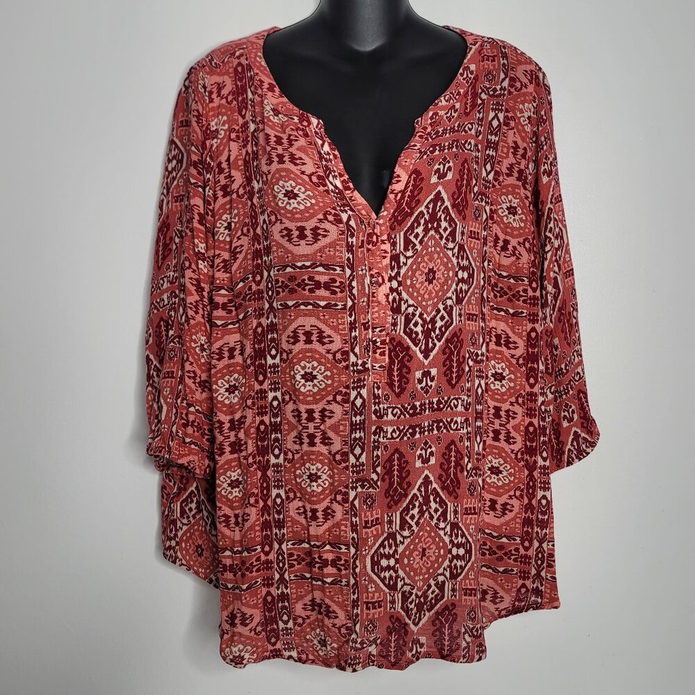 Lucky Brand Women 1X Red Peasant Top Shirt Blouse Boho Lightweight 3/4 Sleeves